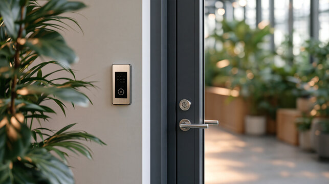 Smart greenhouse door with access control vision sensor performing plant health biometric scan for disease detection, botanical research facility, agricultural biosecurity