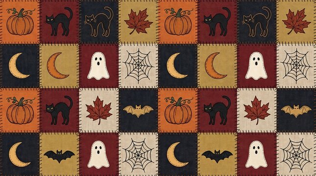Halloween patchwork quilt pattern with pumpkins, black cats, ghosts, spider webs, bats, and moons de
