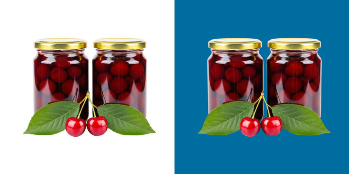 Two glass jars of sweet canned cherries with fresh fruit and green leaves transparent png.