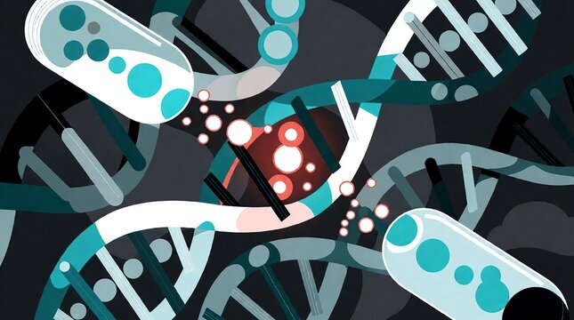 Abstract DNA double helix structure with medical capsules and scientific research elements.