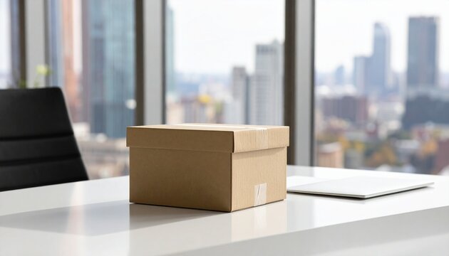 A cardboard box sits on a sleek modern office desk, symbolizing global trade and logistics. The city skyline view conveys a professional, ambitious atmosphere. Nobody, no people, clean, quiet.