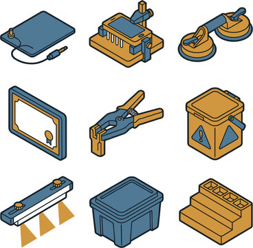 Collection of electronic repair tools and equipment, isometric view