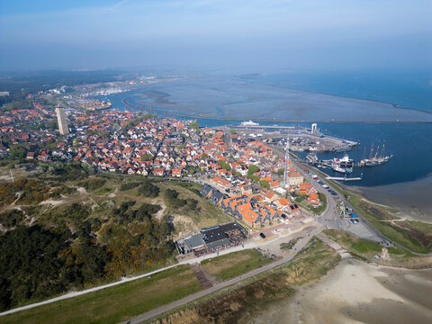 Aerial View of West-Terschelling during sunset, the Netherlands