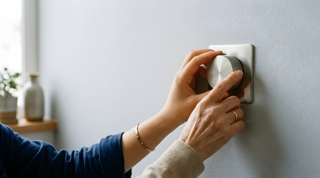 Hands turning modern round dimmer switch on plain wall indoors