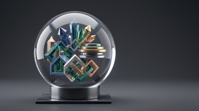 A glass sphere containing abstract geometric shapes and crystal forms on a dark gray surface with crystal structures enclosed globe sitting metallic