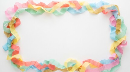 Fototapeta premium Colorful party streamers arranged in a rectangular frame on a white background