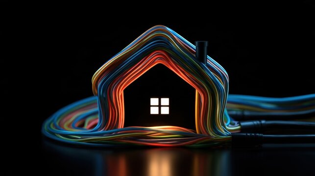 Smart home connectivity concept with glowing house formed by colorful network cables and fiber optics