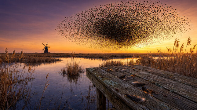A flock of starlings swirls in a murmuration above a frozen marsh at sunset, with a wooden pier and a windmill in the distance. Podcast cover art for nature, migration, or