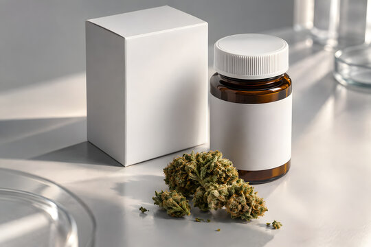 Prescription medical cannabis with pharmaceutical bottle, medicinal flowers and neutral paperwork on a modern healthcare desk, symbolizing regulated treatment access.