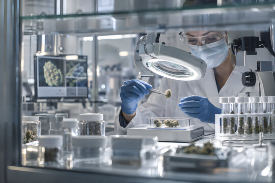 Pharmaceutical quality control laboratory technician inspecting medicinal cannabis flowers with precision instruments under controlled illumination, representing medical cannabis testing and safety.
