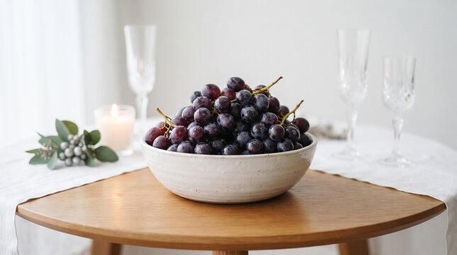 A bowl of ripe purple grapes sits on a wooden table with elegant glasses and a candle
