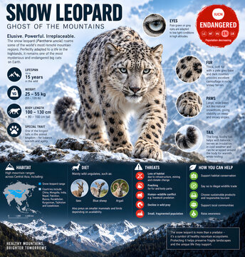 Photorealistic snow leopard in a high-altitude Himalayan mountain landscape, presented in a professional wildlife conservation infographic with habitat, diet, threats, and protection facts.

