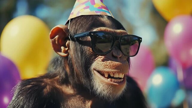 Chimpanzee wearing party hat and sunglasses at outdoor celebration
