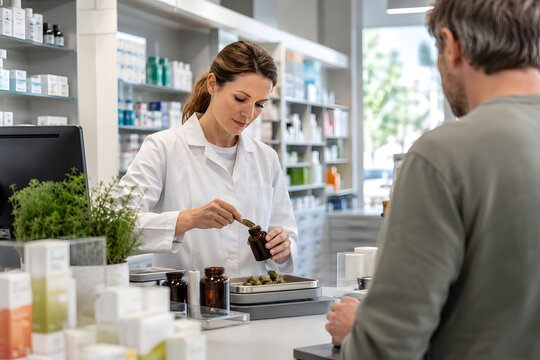 Pharmacist preparing prescribed cannabis-based medication in a modern pharmacy, with adult patient at the counter, professional healthcare setting, natural daylight and clean copy space.
