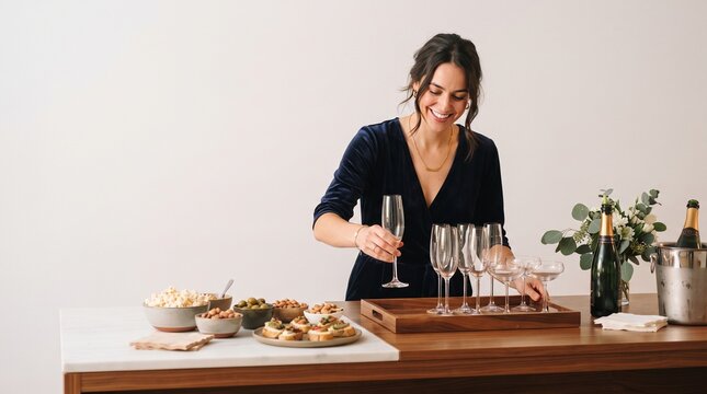 Woman arranging champagne glasses and snacks for a party celebration