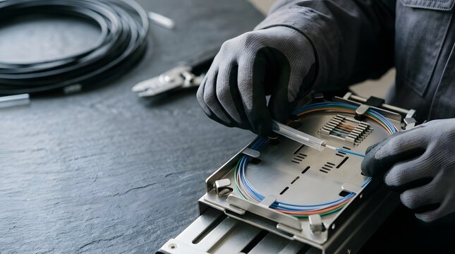 Technician hands in gloves assembling fiber optic splice tray on workbench