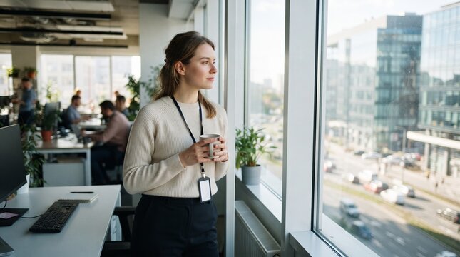 Young woman in office holding coffee mug looking out window at city buildings and traffic