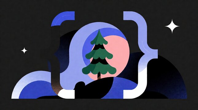 Abstract pine tree icon inside programming curly brackets on a dark background