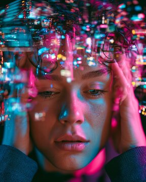 Person experiences sensory overload from vibrant screen lights in a dark room