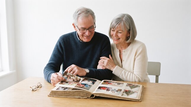 Elderly couple happily reminiscing over old photographs in an album