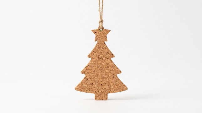 Natural cork Christmas tree ornament with star detail hanging on twine