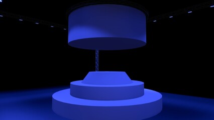 Fototapeta premium Blank Round Podium Stage with Blue Spotlight Lighting, 3D Render Pedestal Display Mockup