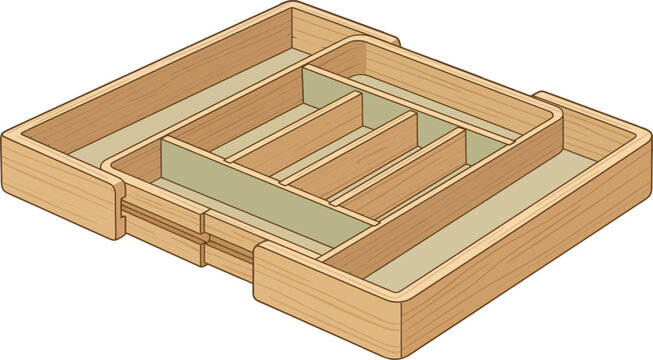 Drawer organizer with a light wooden finish and intricate compartments is displayed as a tidy illustration on a white background.