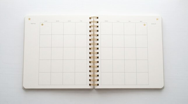 Open planner with empty monthly calendar grid and gold spiral binding