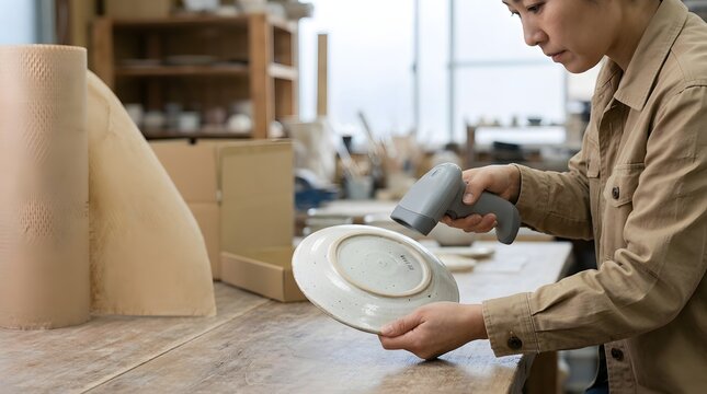 Asian woman scanning ceramic plate with handheld barcode reader inside craft workshop