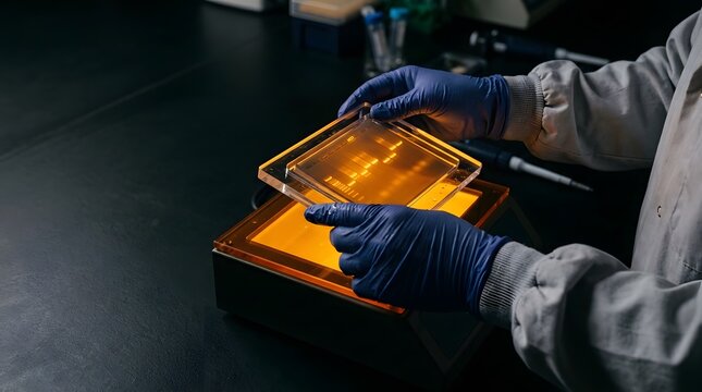 Researcher hands in protective blue gloves holding glowing electrophoresis gel plate on transilluminator