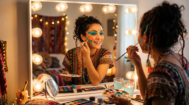 Young woman applying colorful face paint in front of a lighted mirror