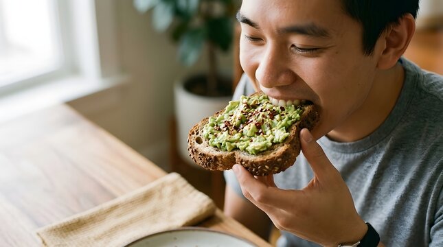 Asian man biting into mashed avocado whole grain toast at home table
