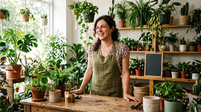Happy woman florist surrounded by lush green houseplants in a bright shop