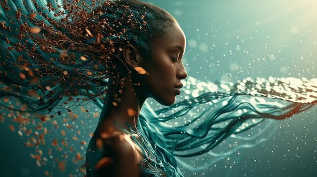 A woman poses in a colorful studio as her glossy hair transforms into a flowing turquoise river filled with flowers and leaves, combining beauty and surreal nature.