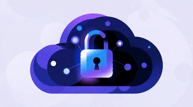 Cloud computing security concept with a digital padlock icon on a purple background.