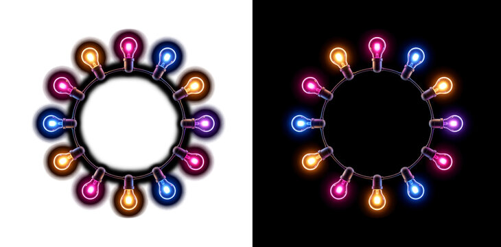 Colorful glowing incandescent bulbs arranged in a circular string light decoration isolated on transparent background transparent background