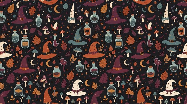 Seamless Halloween pattern with witch hats, magic potions, mushrooms, and autumn leaves on dark background