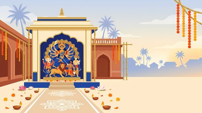 Traditional indian temple entrance decorated for a festive celebration with oil lamps and flowers
