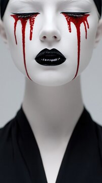 Woman with pale white skin, black lips and red tears dripping from closed eyes. Dark gothic horror makeup art for halloween. Spooky vampire beauty concept and scary face art portrait