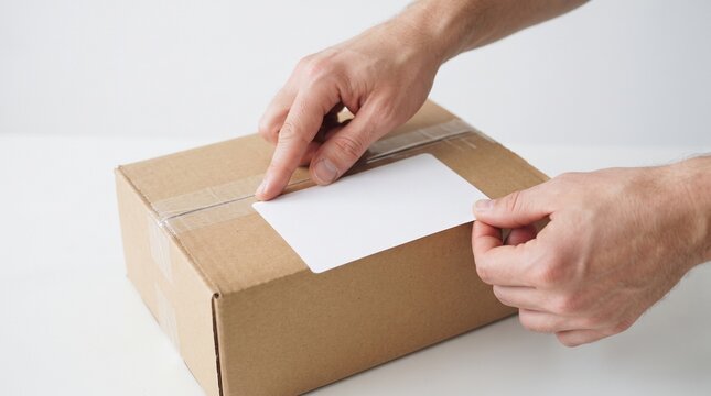 Hands placing a blank white label onto a cardboard shipping box