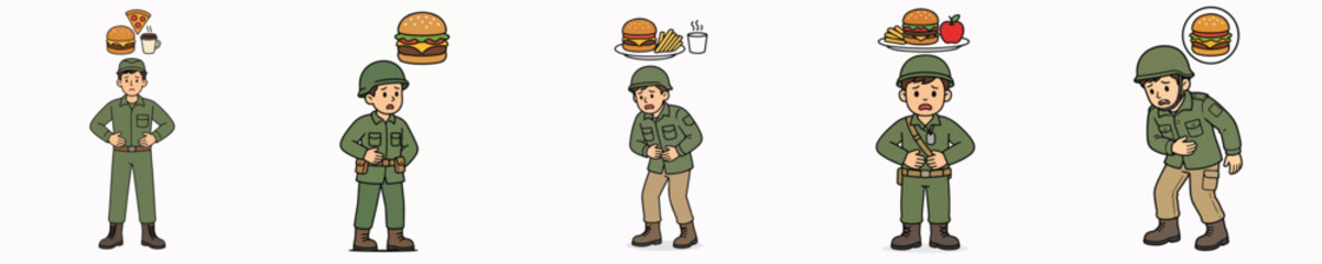 Fototapeta premium A set of vector illustrations of a male soldier holding his stomach due to hunger and imagining food.