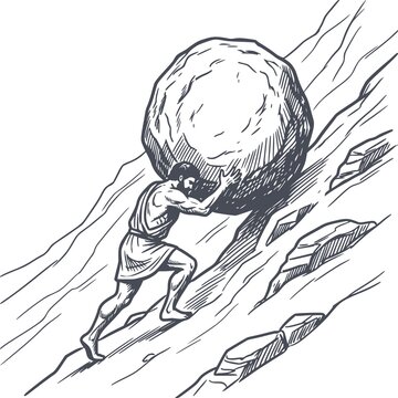dark blue hand drawn style vector illustration of sisyphean task depicting a man pushing a heavy boulder uphill, showcasing resilience and struggle, image contains no white fills