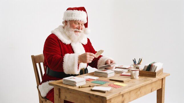 Santa Claus sits at a wooden desk sorting Christmas cards and letters