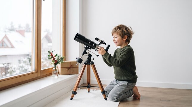 Young boy excitedly looks through a telescope near a snowy window