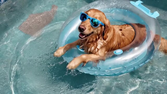 Golden retriever enjoying pool time with sunglasses on a sunny day