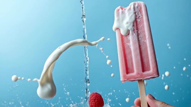 Refreshing splash: pink popsicle with raspberries and milk on blue background