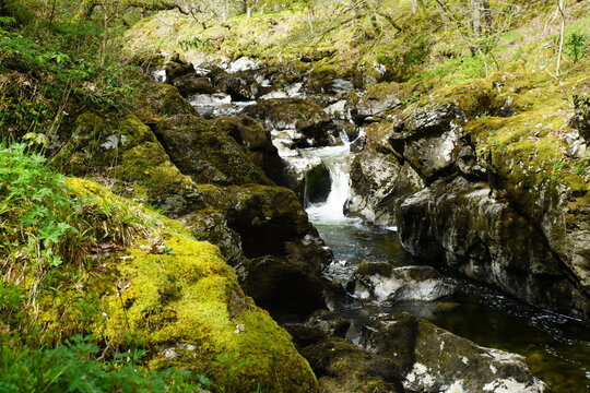 Scenic rocky river cascade at Scaur Water, Camling near Penpont, Dumfries and Galloway, Scotland, UK