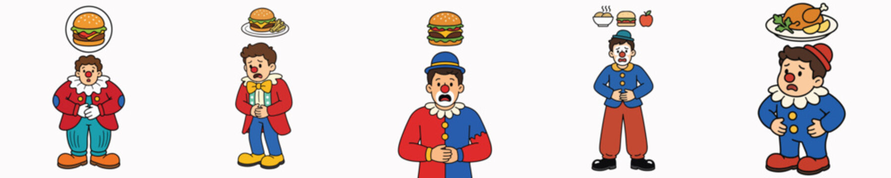 Set of vector illustrations of a male clown holding his stomach due to hunger and imagining food.