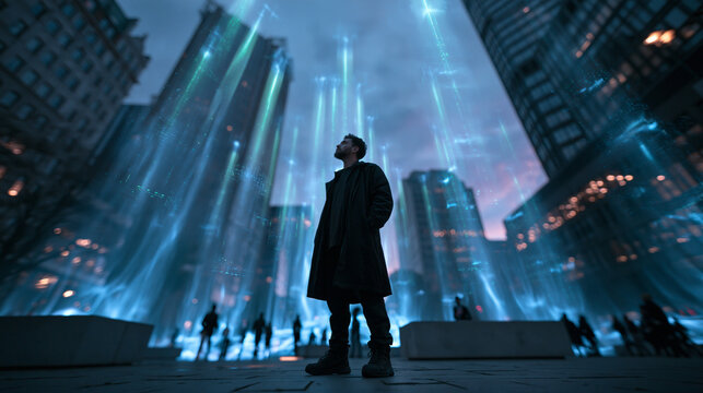 Man Standing Amid Futuristic Digital Light Streams in City