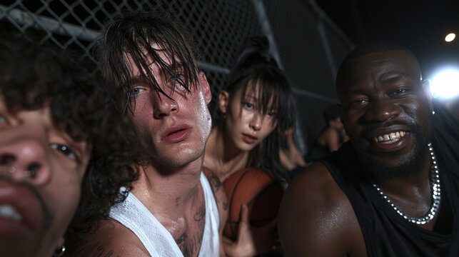 Diverse Young Friends on Urban Basketball Court at Night